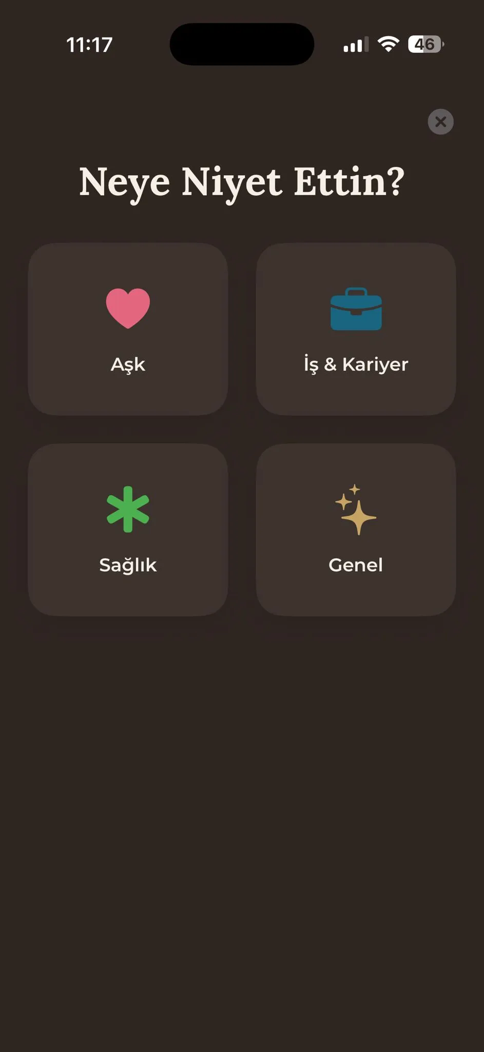Fincan kahve falı uygulaması niyet seçim ekranı - aşk kariyer sağlık